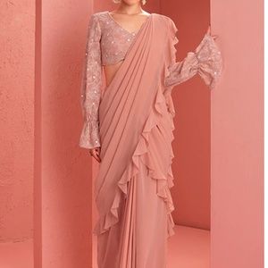 Pink Ruffled Pre-Stitched Indian Saree/Sari